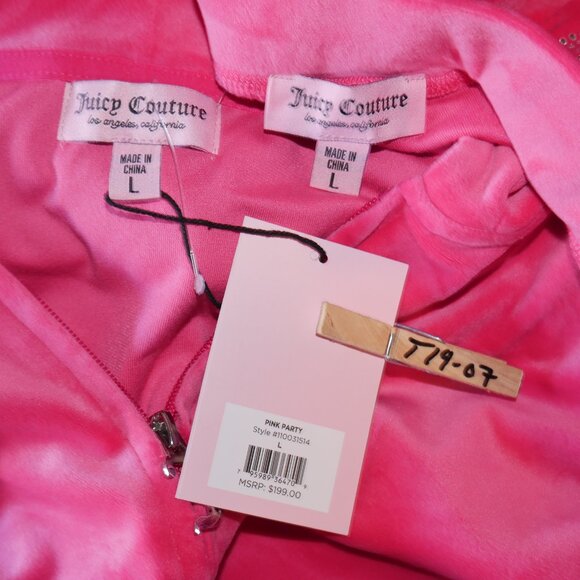 JUICY COUTURE BLING Velour TRACKSUIT Size L Pants + Hoodie 2 Piece Set Hot Pink - Picture 16 of 16